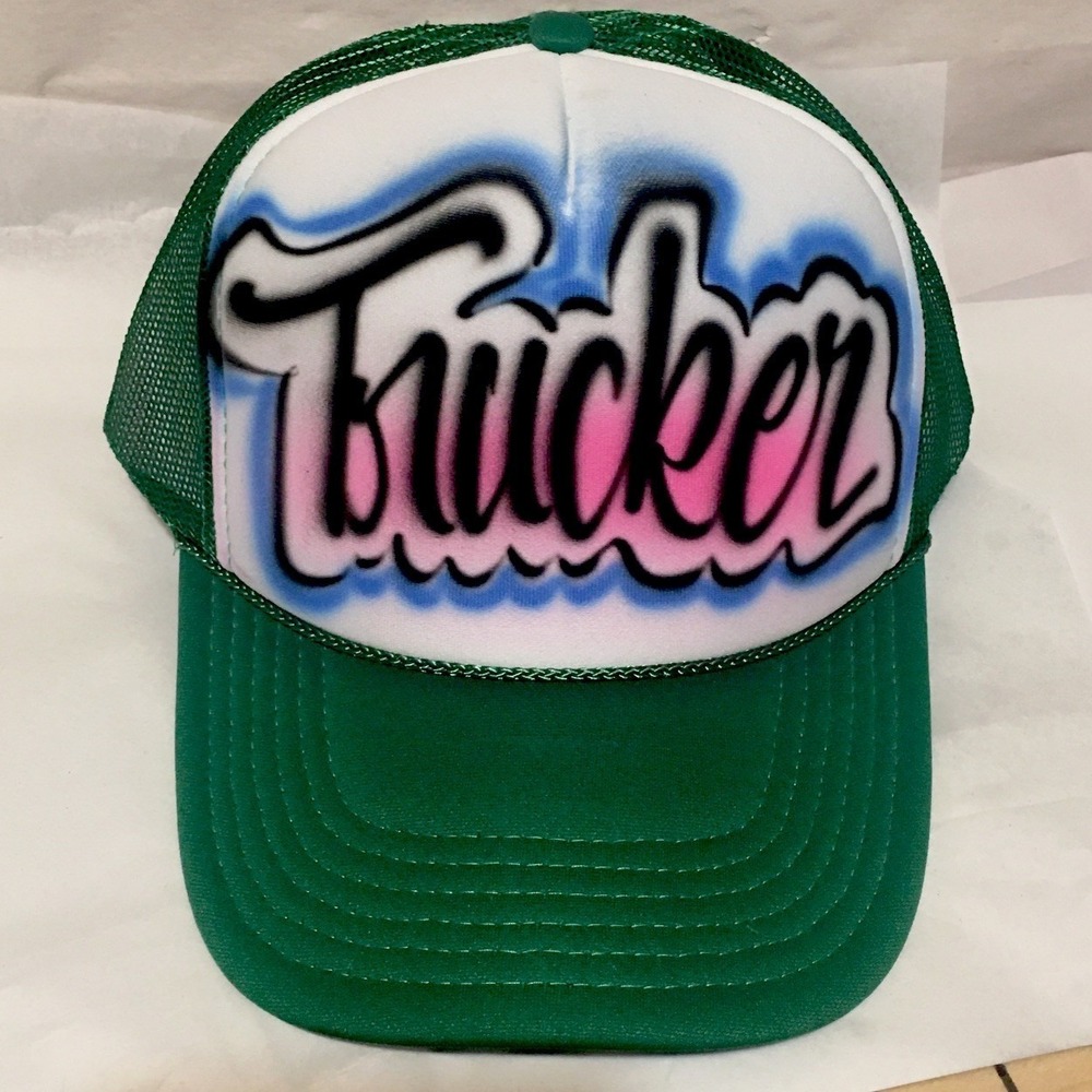 New Green Airbrushed Mesh Snap Back Trucker Hat Personalized For a"Trucker "